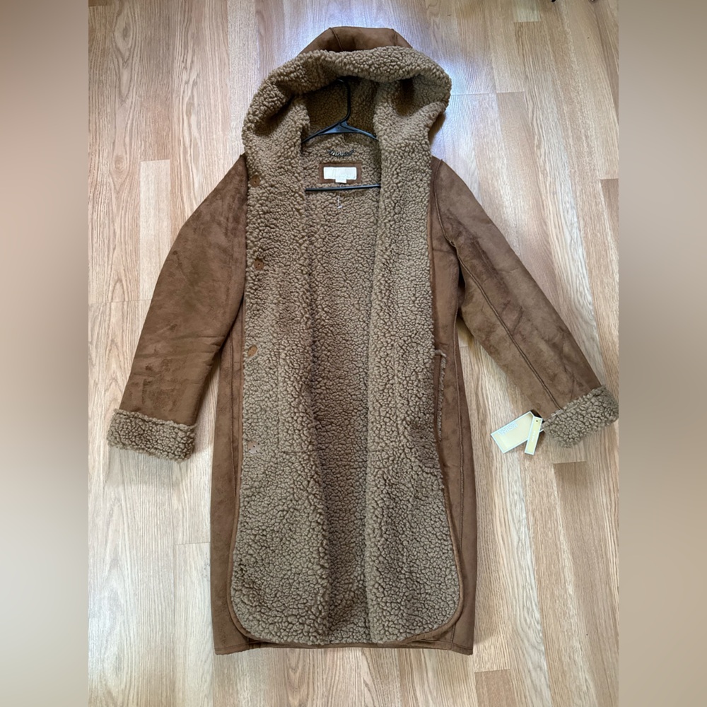NEW Michael Kors Faux Fur Shearling Hooded Suede Jacket Coat Tan small